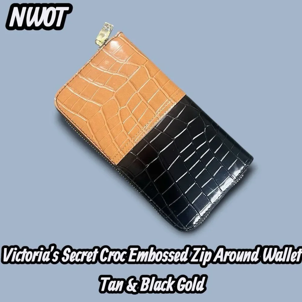 NWOT Victoria’s Secret Croc Embossed Colorblock Zip Around Wallet Tan & Black Go - Picture 5 of 5